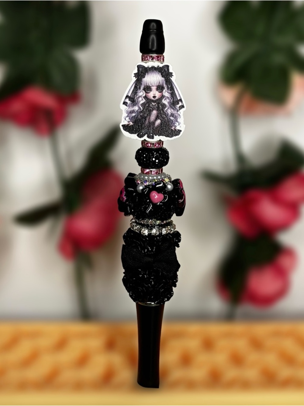 Goth Girl Handmade Beaded Pen with Black Rose Details
